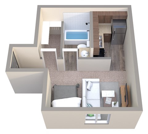a 3d drawing of a bedroom with a bathroom and a living room